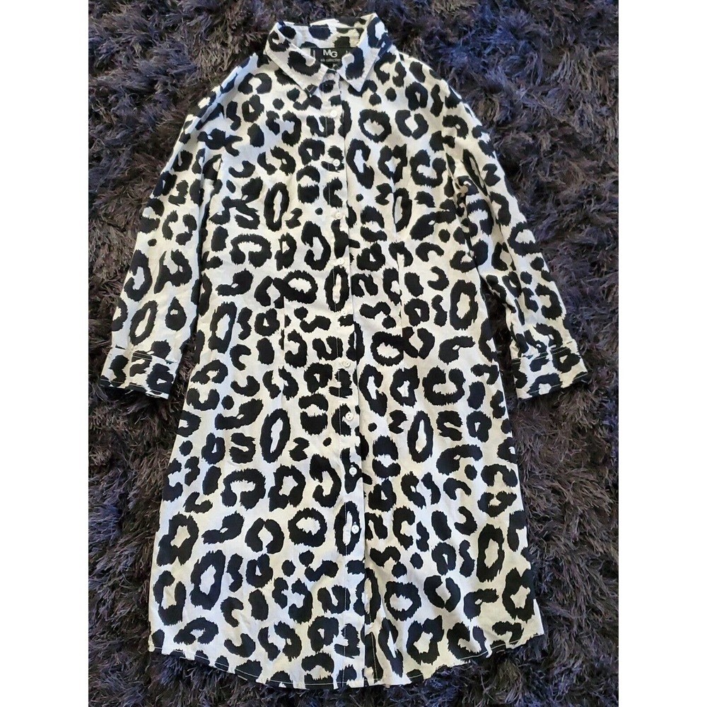 MG Silk Collection Leopard Print Shirt Dress Med Silk Black Ivory Button Down